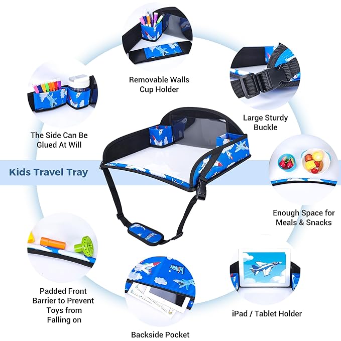 COOLBEBE Kids Travel Tray for Toddler Car Seat, Travel Tray for Airplane, Toddler Car Seat Lap Tray, Carseat Table Tray for Kids Travel Activities (Blue Plane)