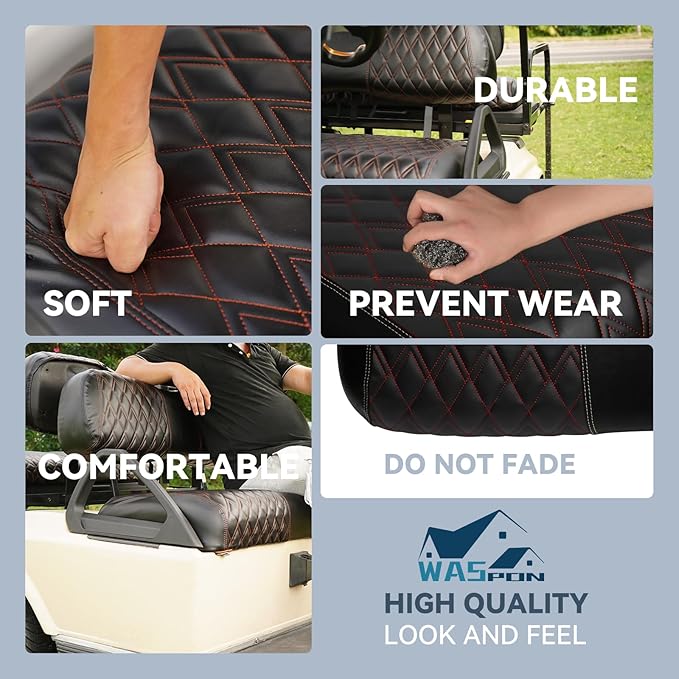 4PCS Golf Cart Diamond Seat Covers Kit, Fits Club Car DS 2000.5-up Golf Cart Vinyl Replacement Seat Cover （Black Stitching, No Stapler, Easy to Clean）