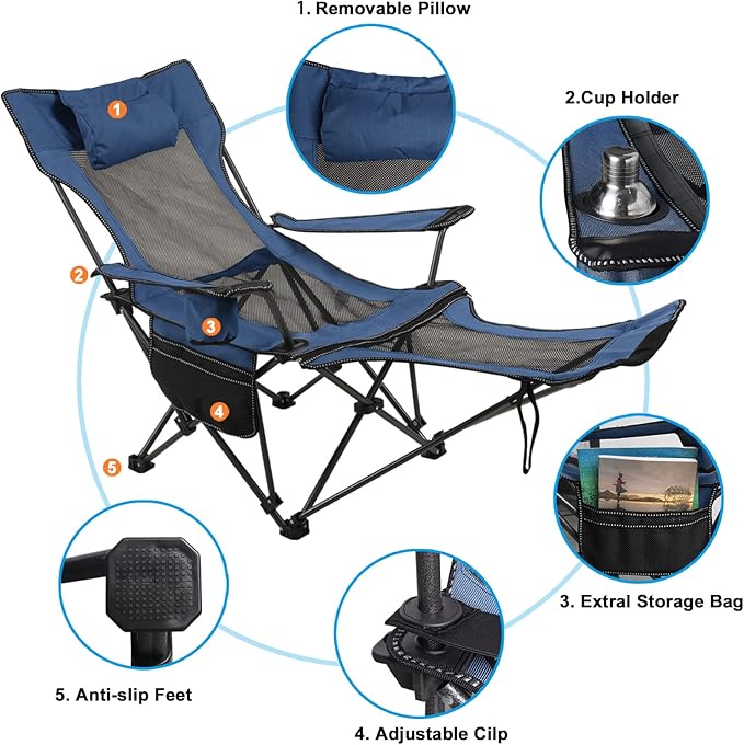 LEADALLWAY Camping Folding Chair with Foot Rest, Collapsible Camp Chair with Cup Holder and Removable Storage Bag, Heavy Duty Beach Chair for Outdoor Camp, Picnic, Travel, Fishing