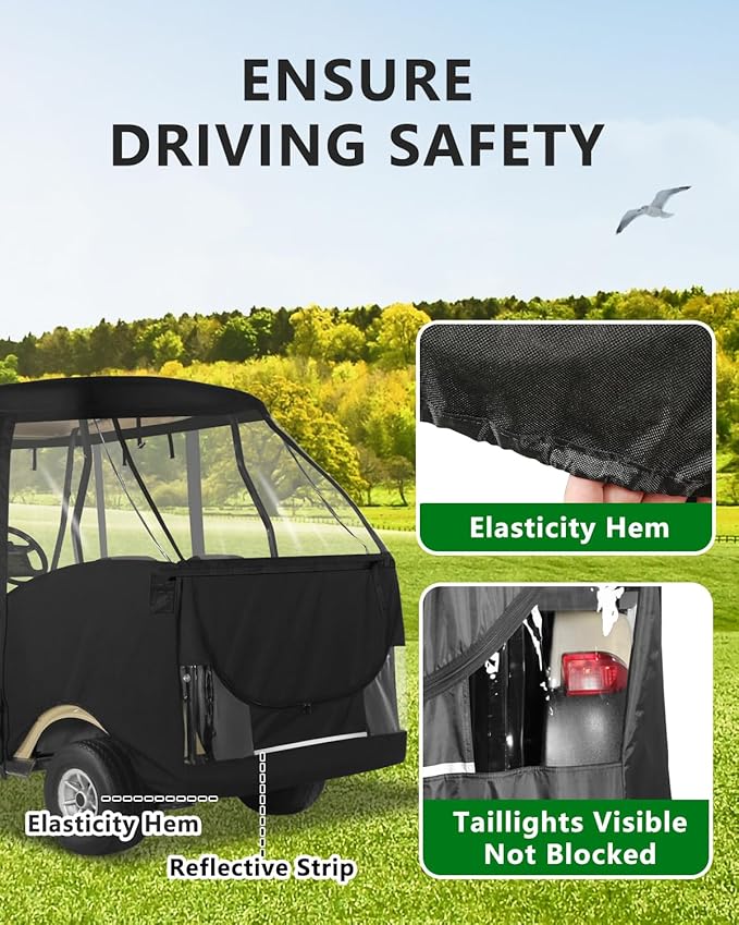 Golf Cart Enclosure 4 Passenger Short Roof 58” for Club Car Precedent Tempo 2+2 Seater,600D Clear Rain Cover Driving Enclosure,Roll Up 4 Sided Transparent Windows&Door,Side Mirrors Zipper Openings