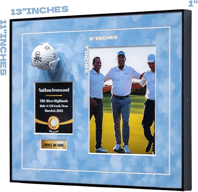 One-Shot Victory Golf Ball Display Frame – Acrylic Case with External Ball Mount, Custom Photo & Nameplate, Babyblue Suede Mat, Elegant Golf Keepsake Gift
