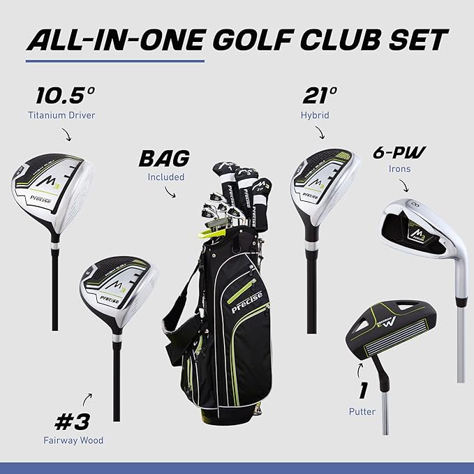 Precise M3 Men’s 14-Piece Golf Set – 460cc Driver, Wood, Hybrid, 6-PW Irons, Putter, Stand Bag, 3 Headcovers and Cover - RH
