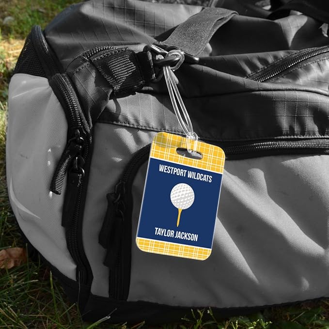 ChalkTalkSPORTS Golf Luggage & Bag Tag | Personalized Team with Golf Ball | Standard Lines on Back | Medium | Gold/Navy