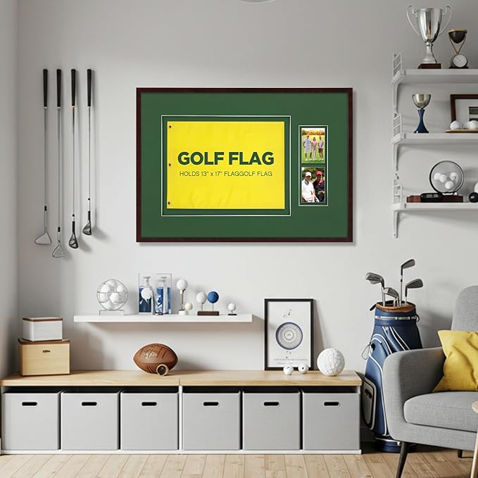20''x29.5'' Golf Flag Frames for 13''x17'' and 14''x18'' Golf Flags Wood Photo Frame Collection Sport Collector Memorabilia for Retirement Birthday Gifts, Flag Not Included (Reddish Brown)