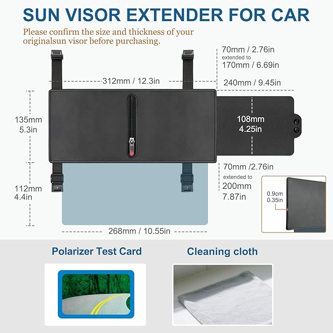 Veharvim Sun Visor Extender for Car (Polarized, UV400, Zipper Slider& Prevents Fingerprints, Pc Lens), Visor Extender Attachment for Car Visor, Anti-Glare for Safe Driving