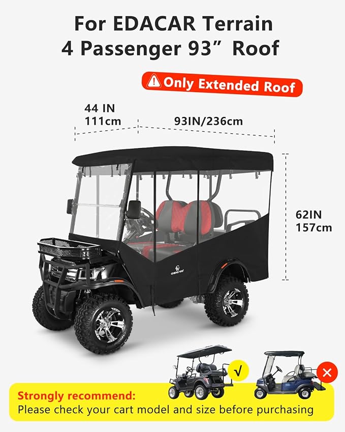 Golf Cart Enclosures 4 Passenger 93 inch Extended Roof for EDACAR Terrain 4 Seater,Clear Rain Cover 4 Sided Transparent Windows Zippers Door Roll Up Driving Enclosure,Side Mirrors Opening(Black)