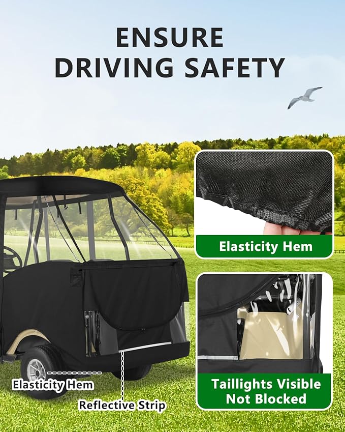 Golf Cart Enclosures 4 Passenger for Club Car DS,Short Roof 58 inch 2+2 Seater 600D Clear Rain Cover Driving Enclosure,Roll Up 4 Sided Transparent Windows&Door Heavy Duty Zipper,Side Mirrors Openings