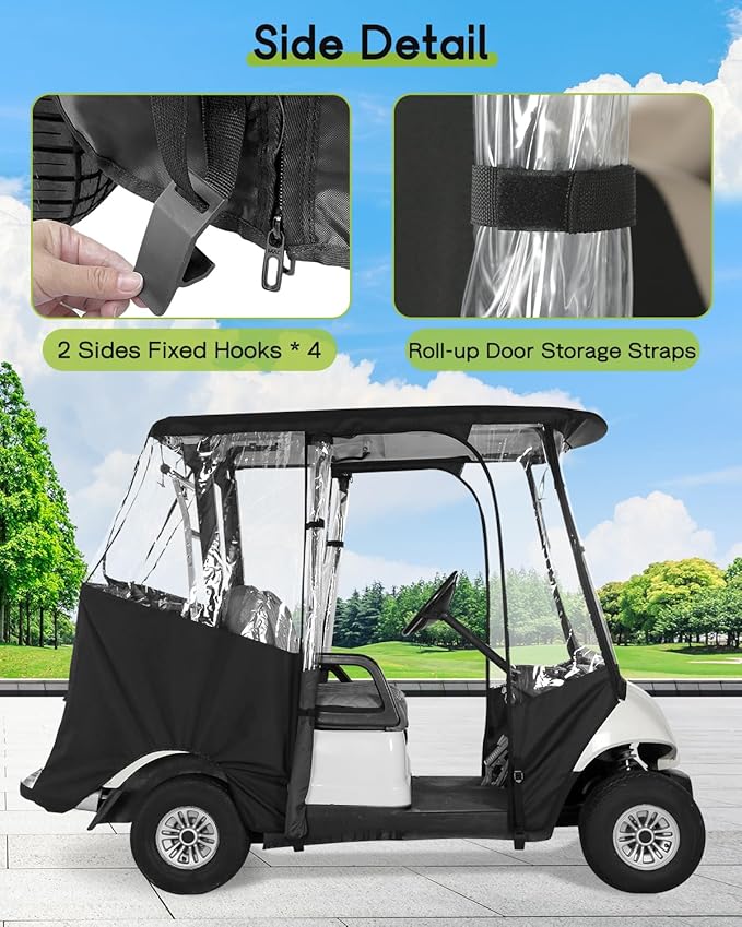 Golf Cart Enclosure 2 Passenger for Yamaha G29 Drive 2 600D Waterproof Windproof Driving Rain Cover Fit 2-Seater Short Roof with 4-Sided Clear Windows Mirror Openings Roll-up Zipper Door Black