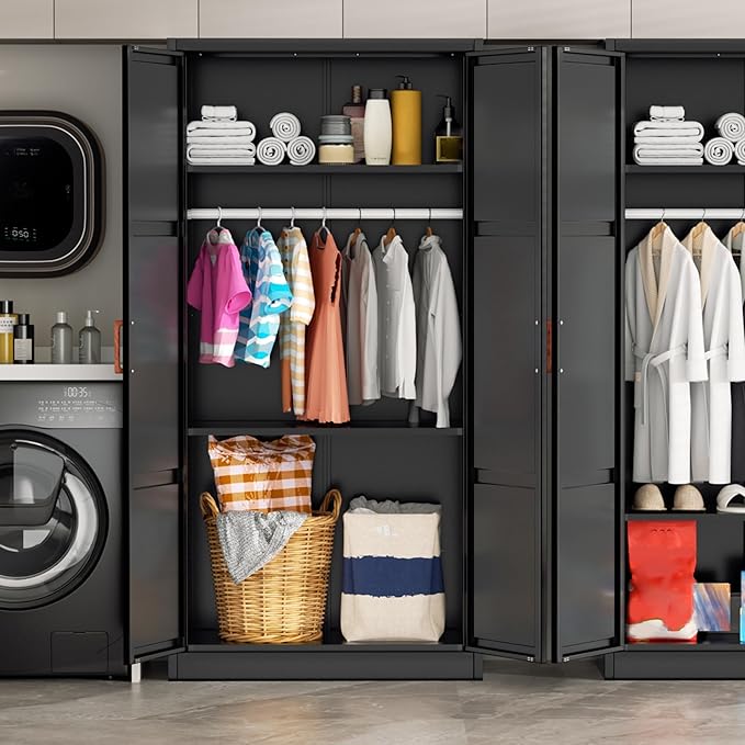 Greenvelly Metal Wardrobe Cabinet with Wooden Handle, 72" Black Metal Wardrobe Closet with Hanging Rods and Adjustable Shelves, Clothing Storage Closet Cabinet for Bedroom, Cloak Room, Laundry Room
