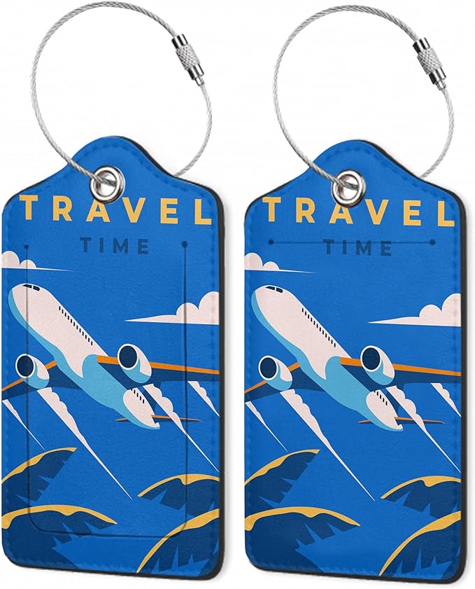 2 Pack Luggage Tags,Leather Suitcase Tags with Privacy Cover Name Address Labels& Durable Steel Loop for Men/Women Travel Bag Suitcases(Time to Travel Retro)
