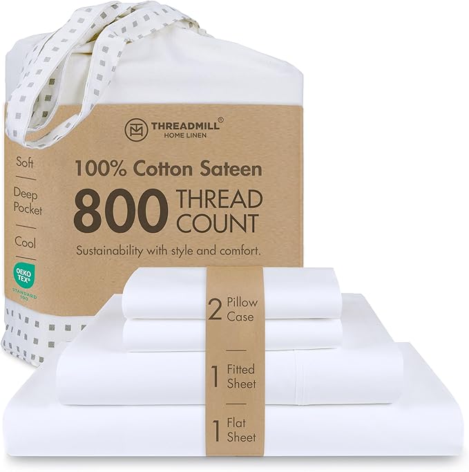 Threadmill Luxury 800 Thread Count 100% Cotton Sheets - Sateen Weave Twin XL Bed-Sheets, Better Than Egyptian Cotton,3 Pc Solid Bedding Set (Hotel White), Fits 15" Deep Pocket