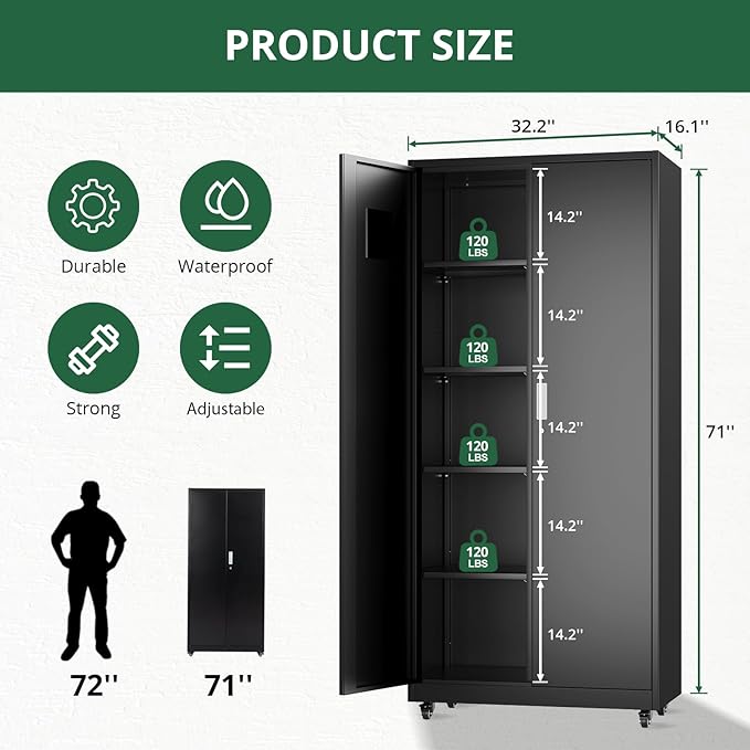 Synorla Metal Storage Cabinet with Lock, 72" Clothing Coat Steel Wardrobe Cabinet with Wheel, Tall File Tool Cabinet Employees Locker Closet with Hanging Rod for Home Office, Garage, Gym