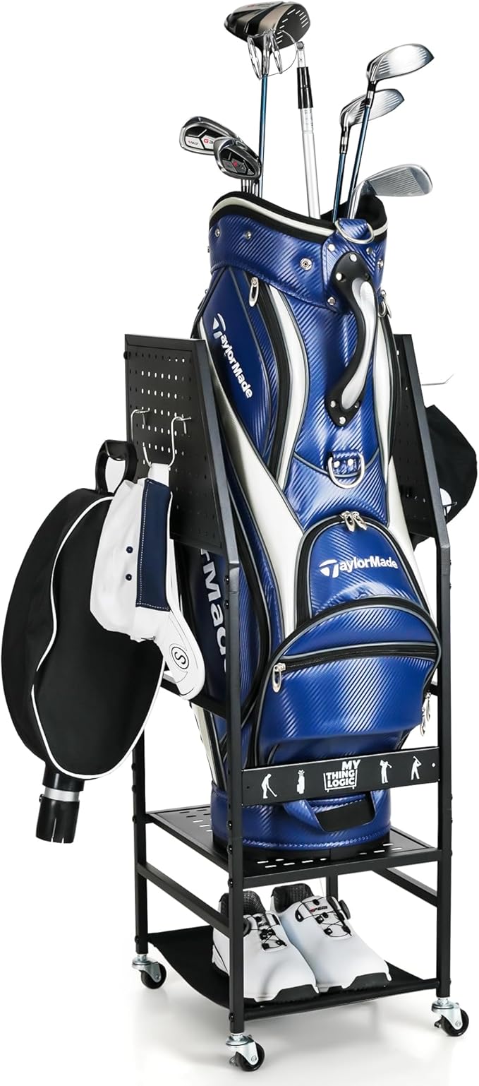 Mythinglogic Golf Bag Storage Organizer, Extra Large Golf Storage Stand for Golf Bag Accessories, Golf Storage Rack for Garage, Golf Club, Home