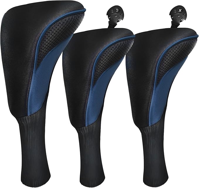 Golf Club Head Covers for Fairway Woods Driver Hybrids 3 Pieces Long Neck Mesh Sports Fan Golf Club Headcovers Set with Interchangeable No. Tags 3 4 5 6 7 X Golf Accessories for Men Women