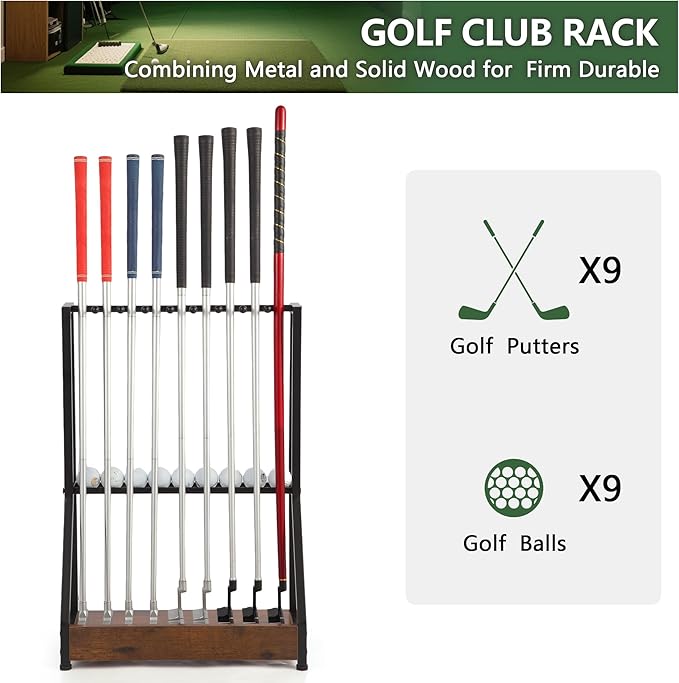 Golf Putter Stand for 9 Clubs & 9 Balls, Solid Wood & Iron Golf Club Rack, Golf Club Organizer Floor Stand, Golf Club Holder | Rustic Modern Design for Home, Office, Golf Course Accessories