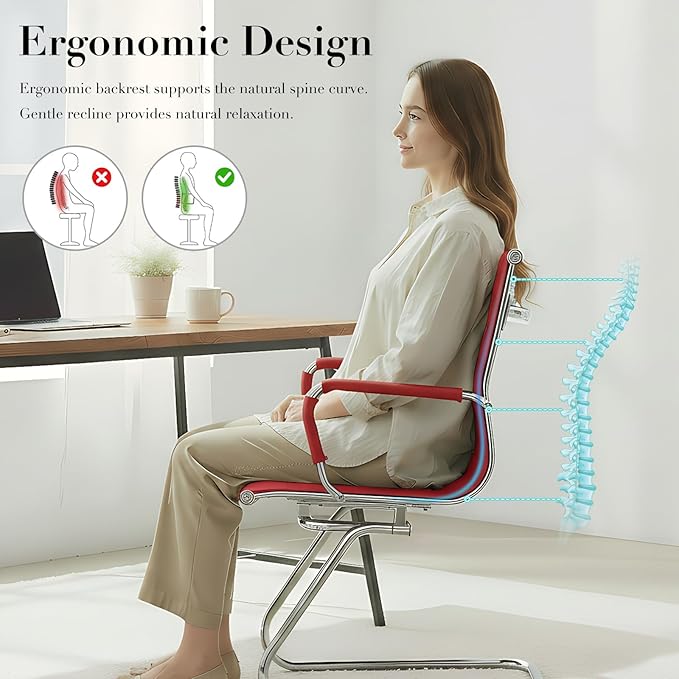 CIMOTA Waiting Room Chairs Leather Office Guest Chair Mid Back Reception Chairs with Sled Base for Meeting/Patient/Conference Room, Red Set of 6
