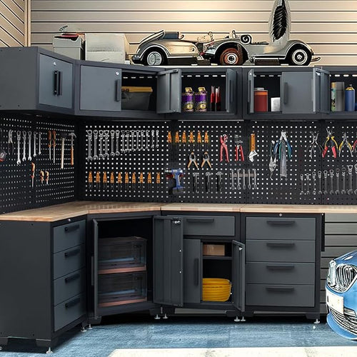 15-Piece Corner Garage Storage Cabinet System - Heavy Duty Workshop Set w/Corner Cabinet Includes Workbench, Pegboard & Lockable Drawers | Metal Tool Organization System for Garage/Workshop