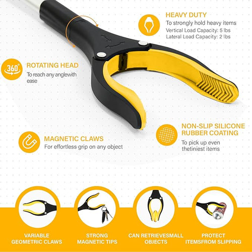 2 Pack 32 inch GrabRunner Reacher Grabber Tool with Rotating Head and Magnet (New Yellow)