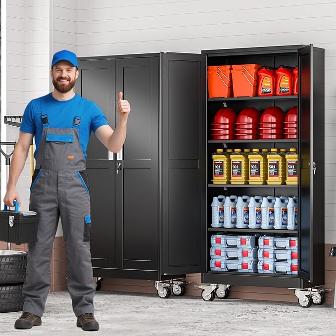 71" Tall Metal Garage Storage Cabinet with Wheels and Locking Doors and Tall Rolling Steel Tool Cabinet with 4 Adjustable Shelves for Garage,Home,Office,Shop (Black)