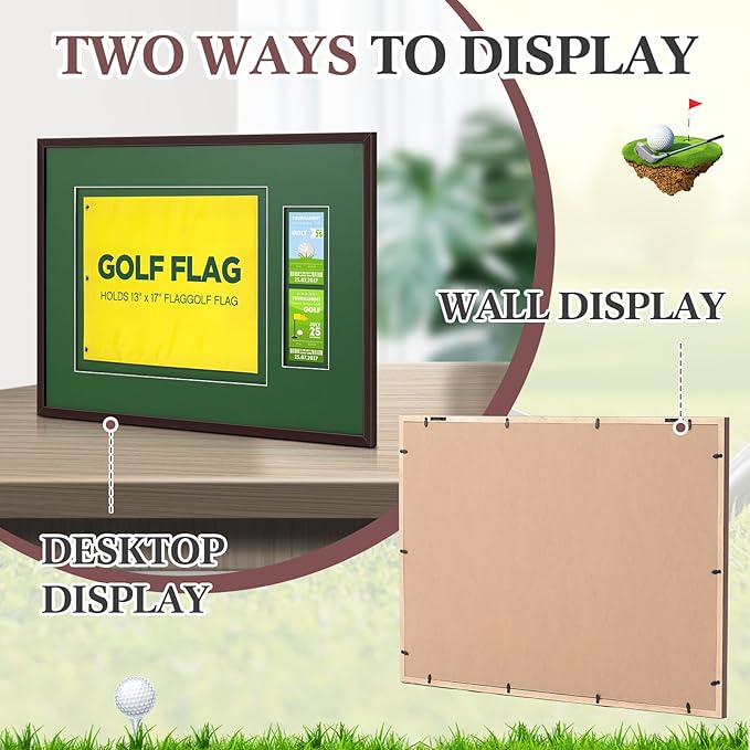 20''x29.5'' Golf Flag Frames for 13''x17'' and 14''x18'' Golf Flags Wood Photo Frame Collection Sport Collector Memorabilia for Retirement Birthday Gifts, Flag Not Included (Reddish Brown)