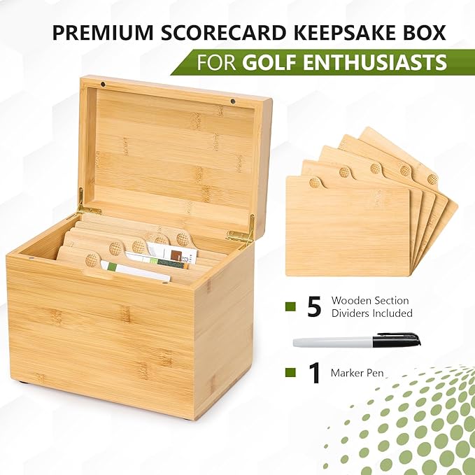 Golf Storage Box Golf Gifts - Golf Scorecard Collection Box with 5 Wooden Dividers - Golf Organizer for Scorecards, Photos, Keepsakes; Fathers Day Dad Gifts for Men from Wife (Yellow)