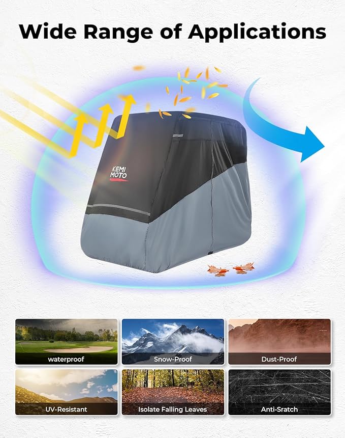 KEMIMOTO Golf Cart Cover, 2/2+2/4/4+2/6/6+2/8 Passenger Heavy Duty Golf Cart Rain Covers with Storage Bag Universal Compatible with EZGO Club Car