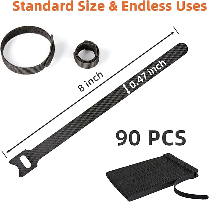 90PCS Reusable Cable Ties with Hook and Loop, Multi-purpose Adjustable 8 Inch Cable Management Wire Ties Cable Straps for Organizing Home, Office and Data Centers, Black