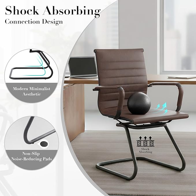 CIMOTA Waiting Room Chairs Set of 8 Leather Office Guest Chair Mid Back Reception Chairs with Sled Base for Meeting/Patient/Conference Room, Retro Brown, 8PCS