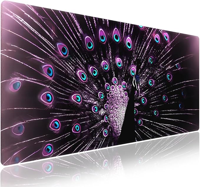 Extended XXL Gaming Mouse Pad with Stitched Edges 31.5 x 11.8 Inches - Gorgeous Purple Black Peacock, Smooth Cloth Surface Natural Anti-Slip Rubber Base Large Desk Mat for PC Office/Home