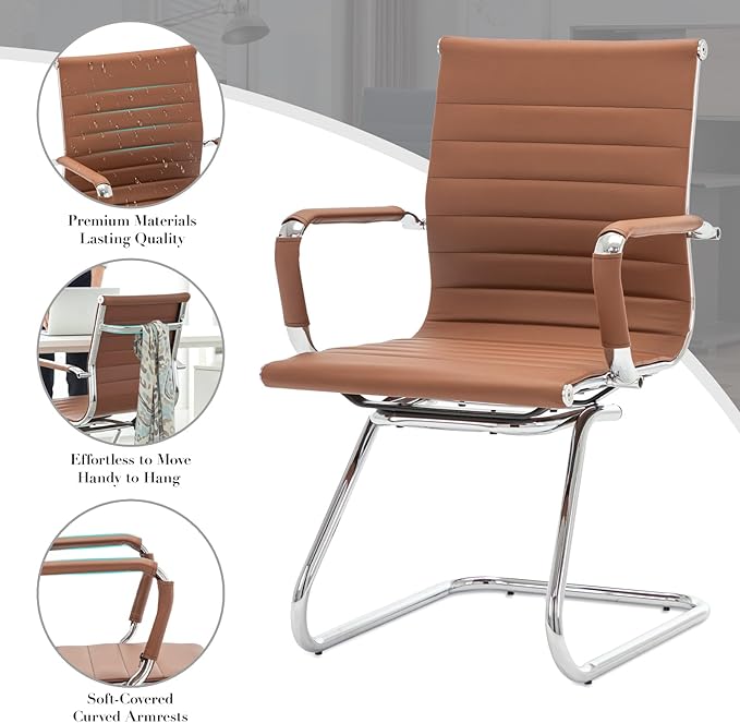 CIMOTA Waiting Room Chairs Leather Office Guest Chair Mid Back Reception Chairs with Sled Base for Meeting/Patient/Conference Room, Coffee Set of 4