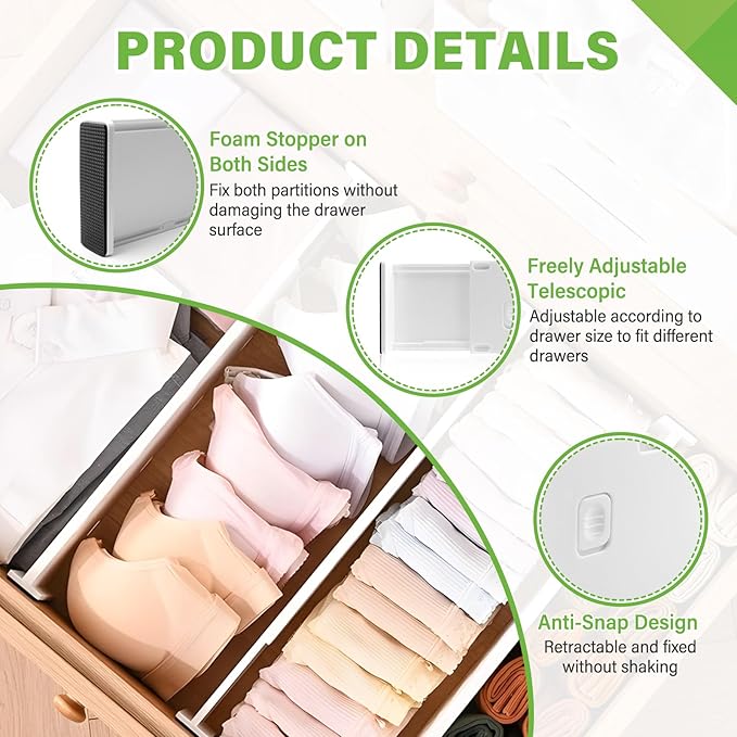 5 Pack Drawer Dividers 3.7" High Slim Organizers Expandable 14.8-25.6" Adjustable Separators for Shallow Drawers Kitchen Utensils Baby Clothes Underwear Storage-White