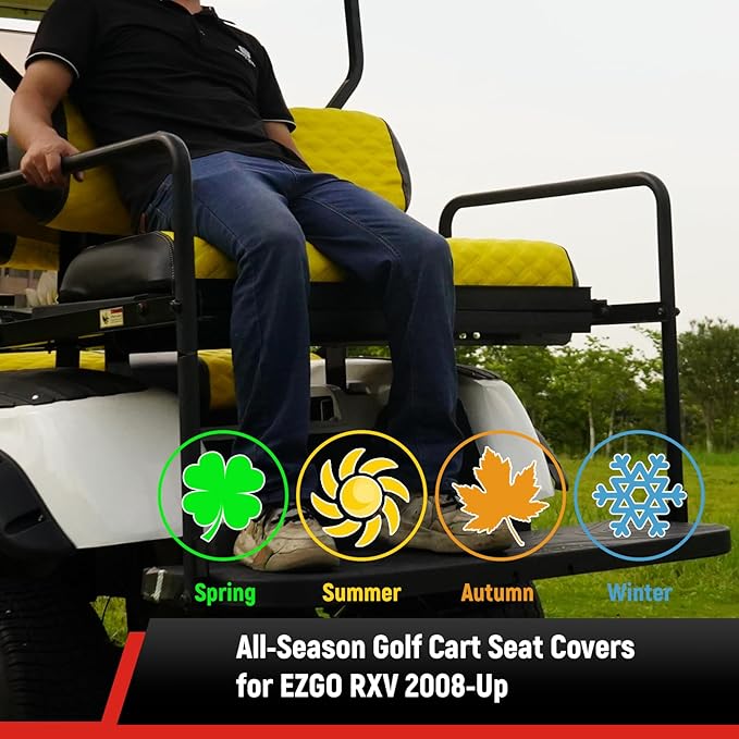 Golf Cart Front and Rear Seat Covers Waterproof and Sun Resistant Marine Grade Vinyl Leather Seat Cover Accessories for EZGO RXV 2008+, Yellow(4PCS)