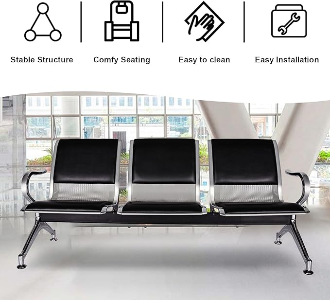 kinbor Waiting Room Chairs - Durable PU Leather Reception Bench with Armrests, 3-Seat Office Reception Guest Chairs for Office, Hospital, Airport, Bank & Lobby, Black