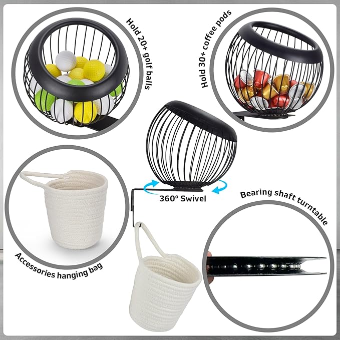 360° Swivel Wall Mount Golf Ball Storage Rack for Garage with Accessories Bag, Wall Mount Coffee Pod Holder Wire Basket for K Cups, Space-Saving Golf Ball Organizer Storage for Home, Clubs