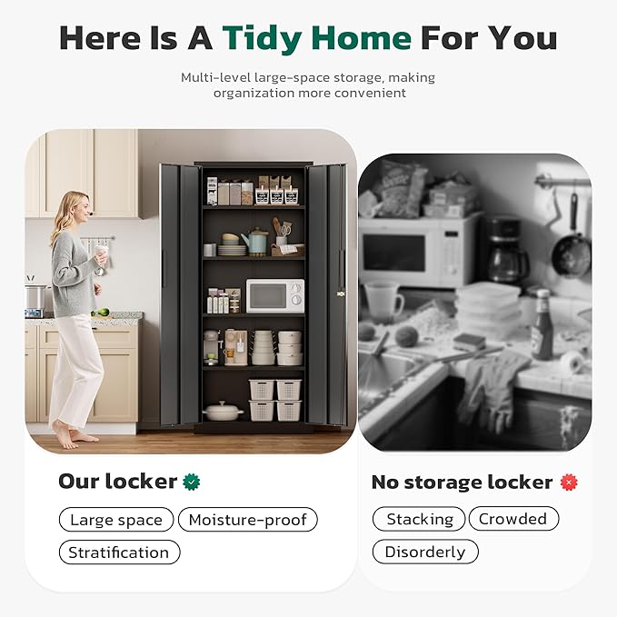 Greenvelly Metal Pantry Cabinet, 63”Tall Black Kitchen Pantry Storage Cabinets with 2 Lock Doors and 4 Adjustable Shelves for Home Office, Dinning Room,Garage