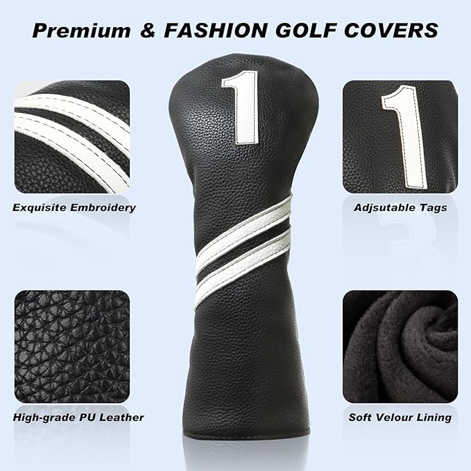 Golf Club Covers,4pcs or 1pc Golf Headcovers for Woods and Driver Fairway Hybrids Women Men - Premium PU Leather with Interchangeable Tags & Magnetic Blade and Mallet Putter Covers
