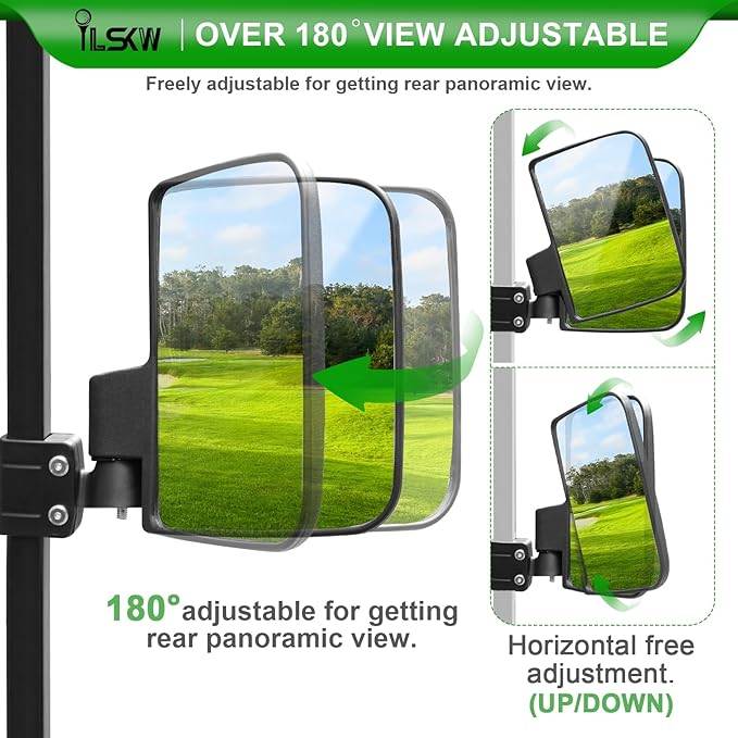 No Drilling Golf Cart Side Mirrors with Built-In Reflector, Universal Rear View Mirrors for 0.75"/1"/1.25" Square Strut Fits Ezgo,Club car,Yamaha Cart with 180 Degree Rotation HD Glass