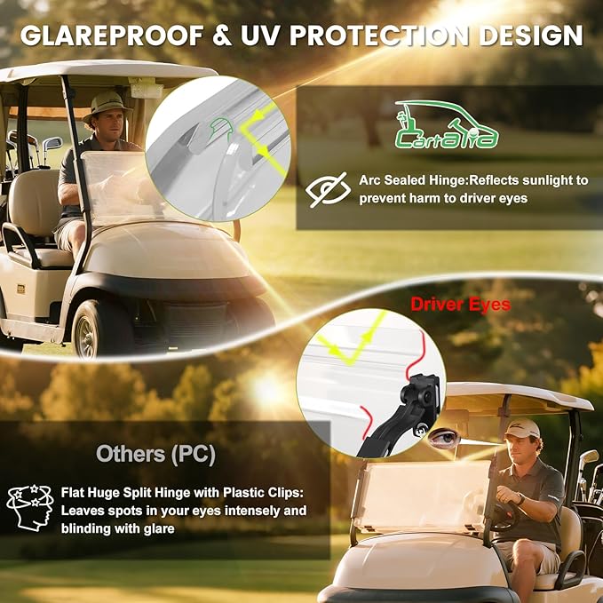 Golf Cart Foldable Windshield 3/16" (5MM) Thicken Only Fits Club Car Precedent 2004+, Tempo 2017+, Onward 2017+, 1"×1" Struts Rail Front Folding Acrylic Windshield Replacement - Clear