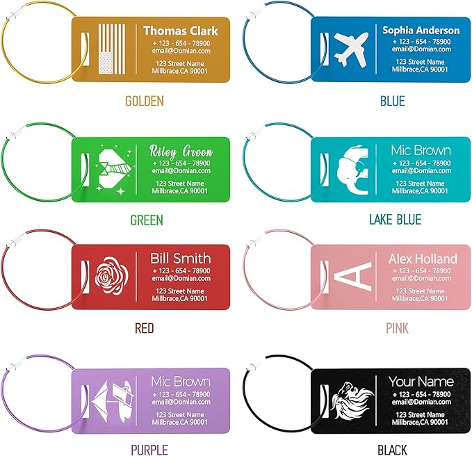 4 Pack Personalized Luggage Tags, Custom Engraved Aluminum Luggage Tags with Your Personalized Text, Waterproof Metal Name Tags With Steel Loop for Bags, Suitcase, Baggage, Backpack (Lake Blue, Small)