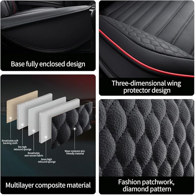 Leather Car Seat Covers for Volkswagen Golf Alltrack 2017-2019,Car Seat Covers Full Set,Seat Covers with Safety,Waterproof Seat Cover Compatible Airbag(5pcs Black&Red Standard)