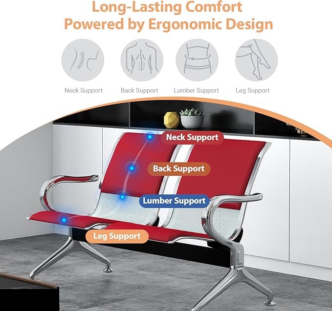 Kinfant 4-Seat Waiting Room Chairs with Arms – Heavy-Duty Steel Frame PU Leather Back & Cushioned Seat, Ergonomic Office Reception Guest Chair for Lobby, Clinic, Airport, Red