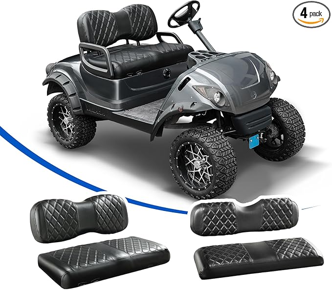 NOKINS 4PCS Golf Cart Seat Covers Kit, Front and Rear Seat Covers Fits YAMAHA/G29/Drive2 Standard Seat Cushion, Yamaha Vinyl Diamond Replacement Seat Covers, No Stapler(Black&Black Stitch)