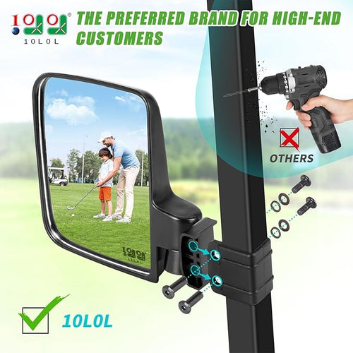 10L0L Golf Cart Mirror No Drilling Side Mirrors Universal for Yamaha, Club Car, EZGO, Folding Side Rear View Mirrors Adjustable 180 Degree HD Glass