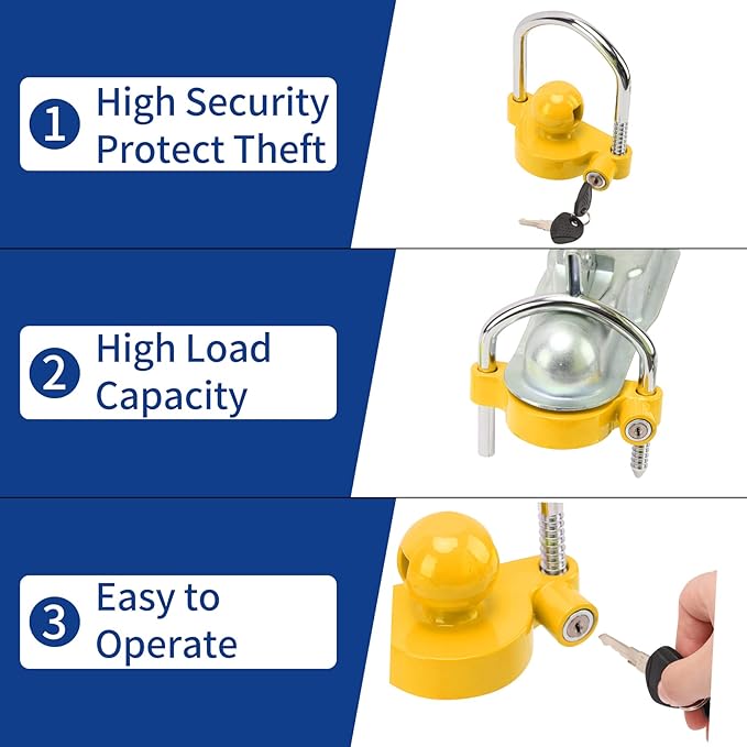 METOWARE Keyed Alike Trailer Coupler Lock Universal Adjustable Steel Trailer Hitch Lock, Anti Theft Trailer Ball Lock Towing Lock for Towing Trailer Security Fits 1-7/8",2”, 2-5/16" Coupler 2 Pack
