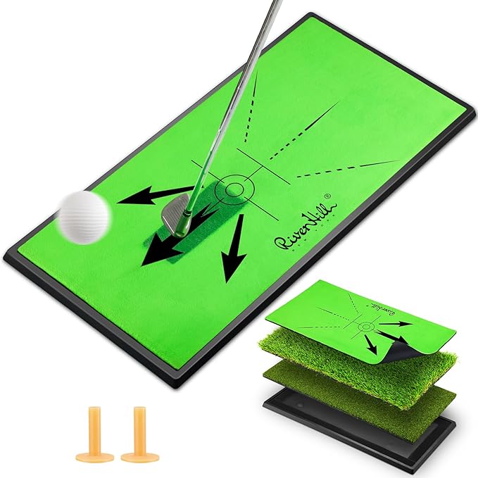 Golf Hitting Mat, Large Golf Practice Mat 25"X13" W/Instant Swing Path Feedback, 4 Replaceable Training Turf with Heavy Duty Rubber Base for Driving/Chipping/Putting, Golf Equipment Indoor & Outdoor