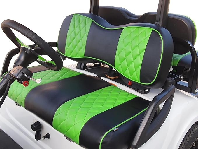 Huskey Golf Cart Front Seat Covers for Club Car DS 2000.5-UP Models, Custom Fit, Black/Lime Green Diamond Stitching, Marine Grade Vinyl Material, Staple on