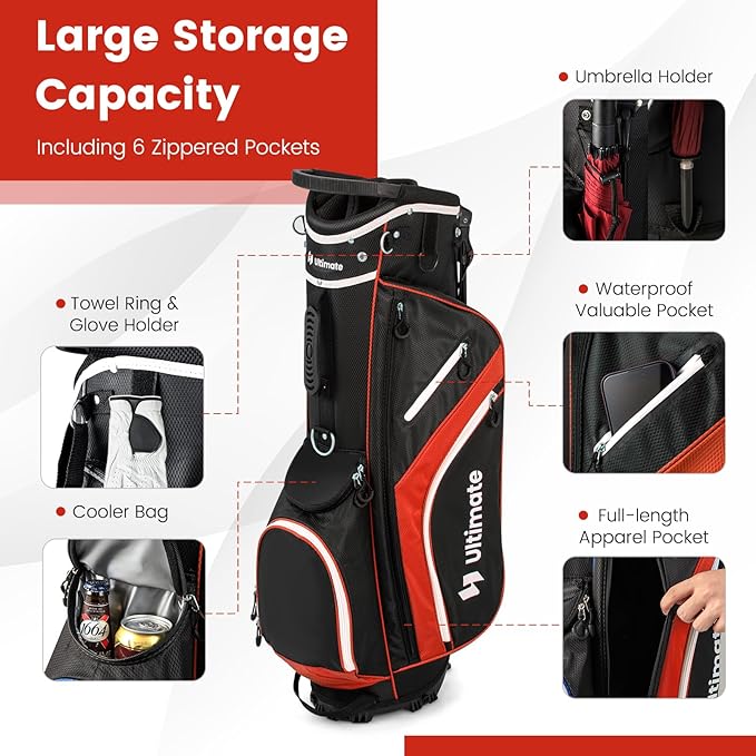 Tangkula Golf Stand Bag with 14 Way Top Dividers, Lightweight 6 Pockets Golf Club Bag with Cooler Bag, Adjustable Dual Strap & Rain Hood, Golf Carry Bag for Men & Women