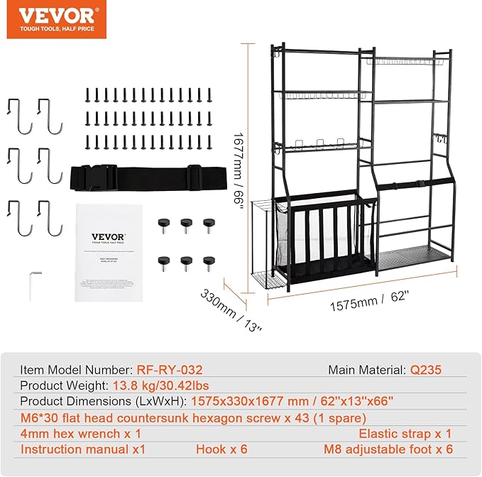 VEVOR Golf Bag Organizer, Golf Bag Storage Rack Stand Holder, Sports Equipment Storage Rack, Golf Storage Organizer for Garage, Sports Gear, Toys Storage Rack Hooks