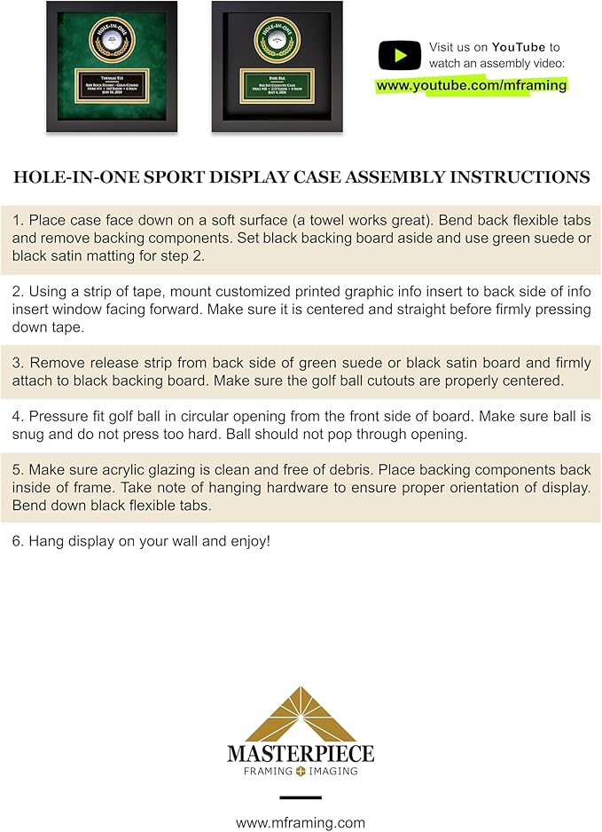 MASTERPIECE FRAMING + IMAGING Hole-in-One Golf Display Case Frame for Ball & Printed Graphic Info Insert (Sport, Green Suede)