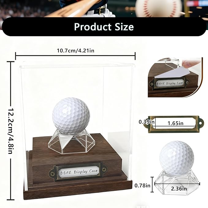 Golf Ball Display Case Walnut Wood Base & Acrylic Holder Dust Protection Transparent Storage Box for Single Ball Souvenir Golfball Collections for Gifts Enthusiasts Collectibles(Golf Ball)